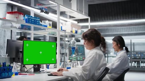 Lab Technician at Desk Typing on Green Screen PC Keyboard