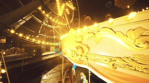 Solitary Carousel Shines with Warm Light Amid Wet Cobblestones and Reflections