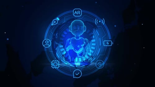 Futuristic AI Robot Hologram Display with Technology Icons