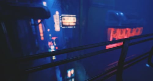 Dark Urban Cityscape with Futuristic Neon Lights and Reflections