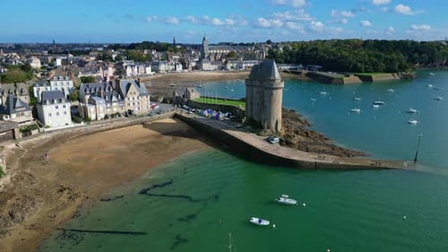 Solidor tower at Saint-Malo, Brittany in France. Aerial drone view