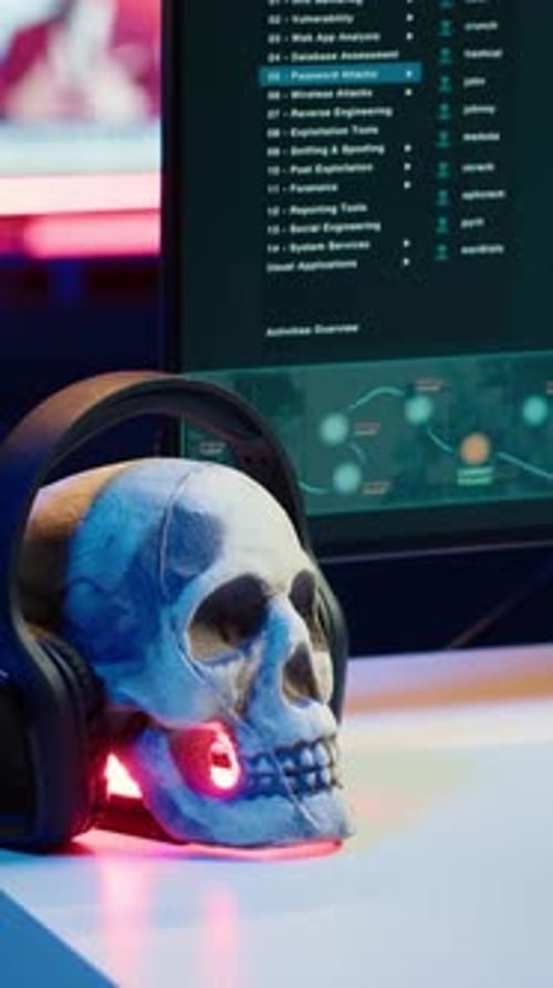 Vertical Video Desk in Empty Criminals Den and Hacking Software Interface on PC Screens