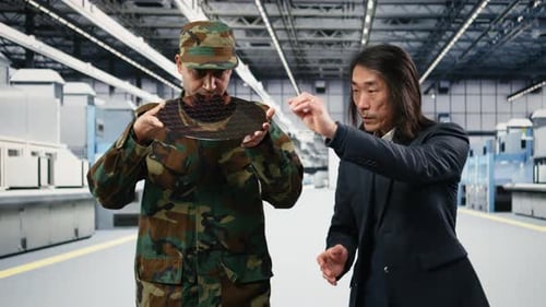 Soldier and Microchip Factory Manager Increase Semiconductor Production