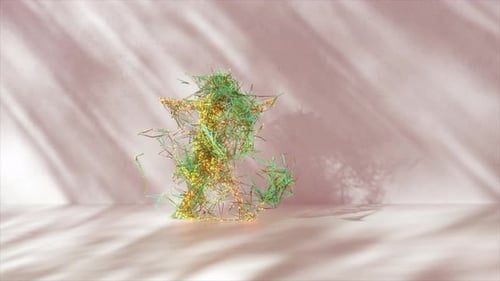 Stunning 3D Rendering of a Dynamic Human Figure Composed of Glowing Yellow and Green Particles Set