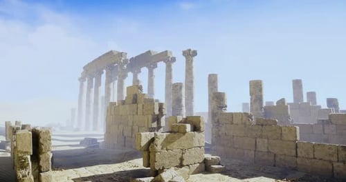 Exploring Ancient Ruins with Tall Columns on a Foggy Day