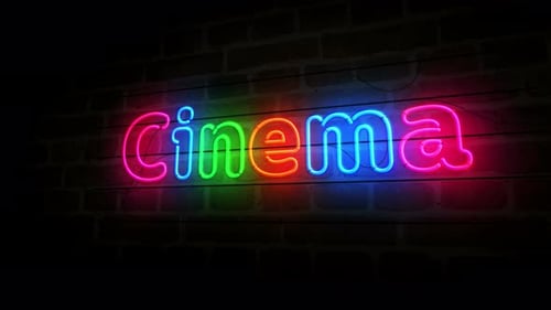 Cinema and movie neon on brick wall 3d