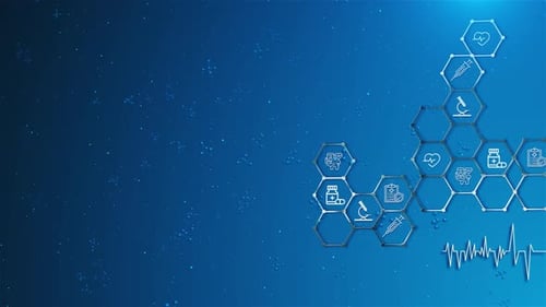 Animated Hexagon Medical Icons Grid with Heartbeat Line Background