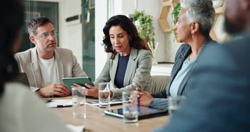 Business people, financial advisor and presentation with tablet, budget