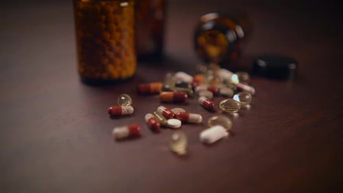 Pills and Capsules on Dark Wood Table