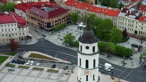 Aerial View Of Bell Tower Of Vilnius Cathedral In The Old Town, Lithuania.