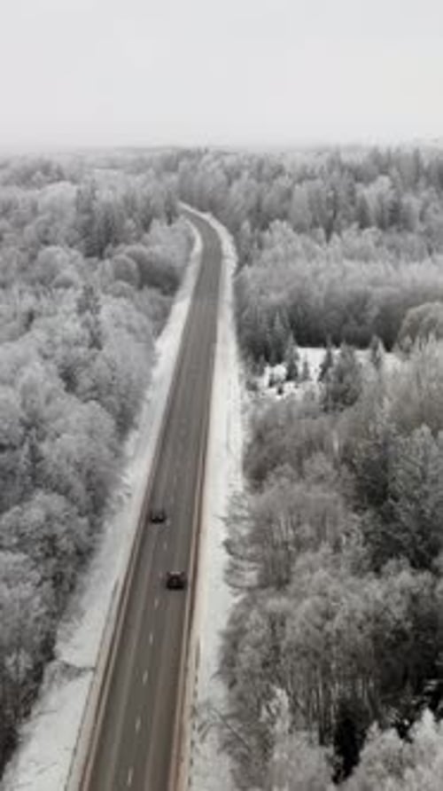 Vertical aerial view of cars driving on a highway in winter landscape. Frozen trees. Hoar and rime o