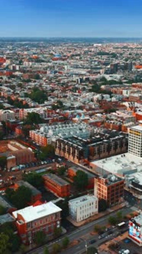 Urban scenery of Philadelphia, Pennsylvania, USA. Drone flying above the city on sunny daytime