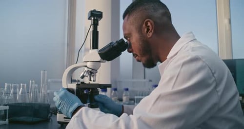 Focused Scientist Analyzing Samples under Microscope in Lab