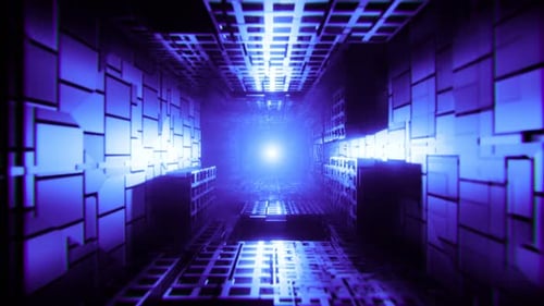 Flying through ultraviolet neon futuristic tunnel. Sci-fi abstract background