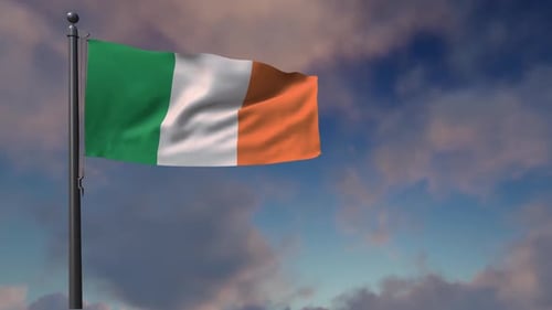 Waving Flag of Ireland Against a Moving Blue Sky Background
