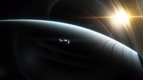 Shining Planet with Rings and Bright Star in Dark Space