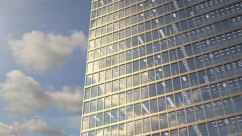 Drone flight along the windows of modern skyscraper in the sunset sunlight 4k