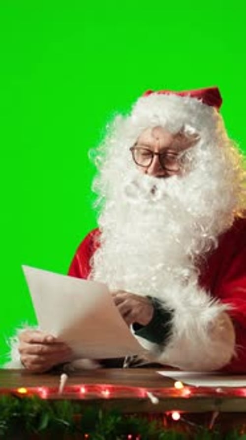 Vertical Video Santa Sitting Against Isolated Copy Space Screen and Reading Letters From Kids