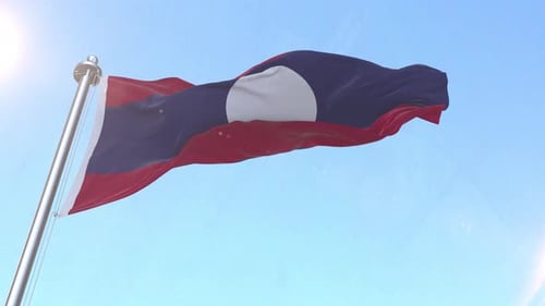 Realistic Laos Flag Waving in Blue Sky