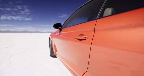 3D Orange Sport Car Driving on Salt Flats