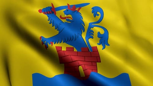 Seamless Loop Waving Flag with Blue Lion Heraldic Emblem