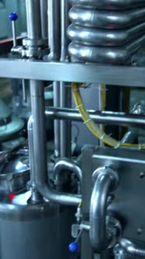 Milk and water pipelines at a modern dairy factory. Tanks, pipes and faucets close up.