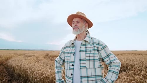 Portrait of Smiling Farmer Senior Man is Standing Looking at Camera Happy in a Wheat Field Organic