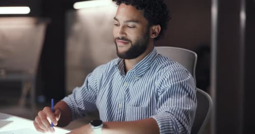 Happy, designer and man rest at night done with tasks, project and drawing for automobile prototype