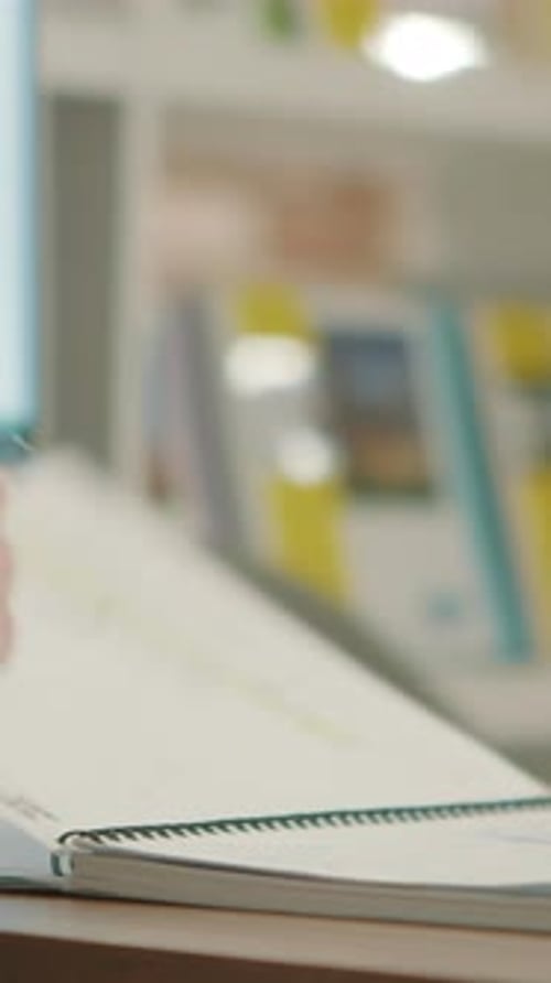 Woman Teacher Checks Homework at a Desk in School Classroom with Books of the Shelves Stock Footage