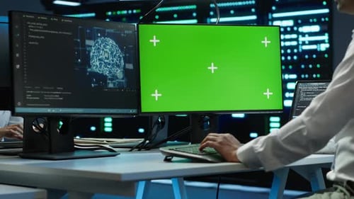 Zoom in of Expert in Data Center Using Artificial Intelligence on Mockup PC