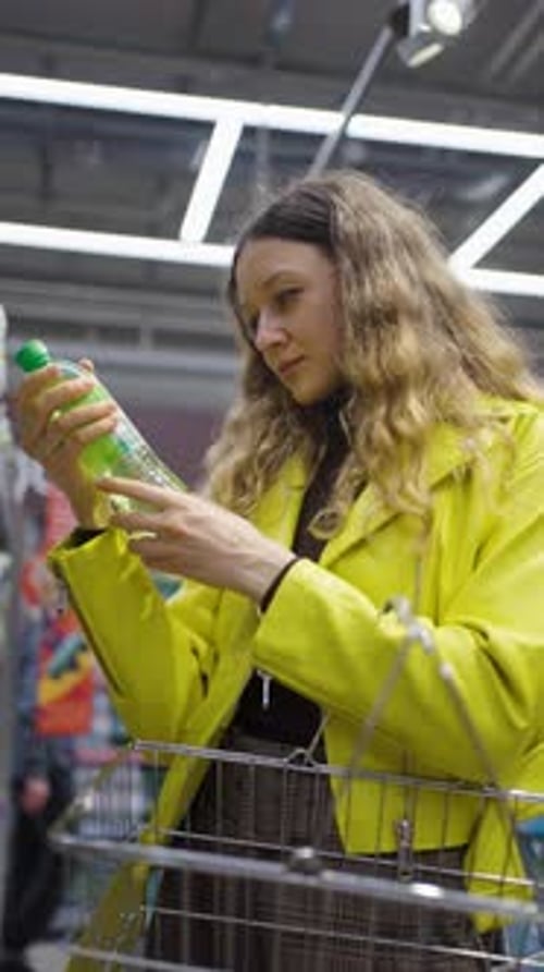 Woman Checks Ingredients List of Soda Drink in Supermarket