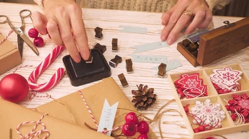 Christmas Crafting Scene with Stamps and Decorations