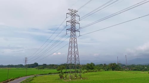 Power Line Tower in Green Field, Aerial View