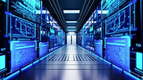 3D Data Center Room Servers and Glowing Led Indicators Network Big Data Machine Learning