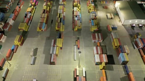 Aerial view to a container unloading terminal of port of Burgas, Bulgaria at nigh