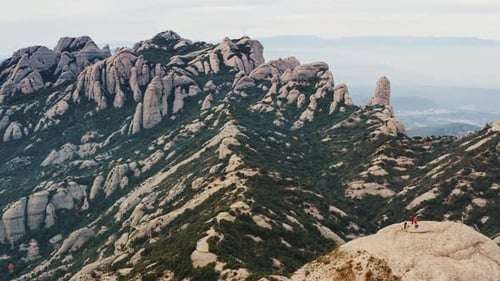 Aerial View of Montserrat Mountain Range in Barcelona Catalonia Spain People Climbed on Peak of Huge