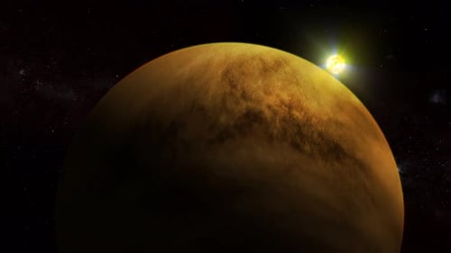 3D-Planet mit Venusatmosphäre und glühender Sonne