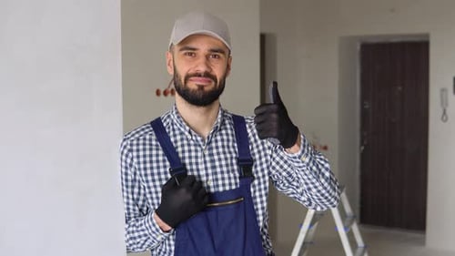 Positive Young Repairer in Uniform Standing Inside Apartment and Looking at Camera