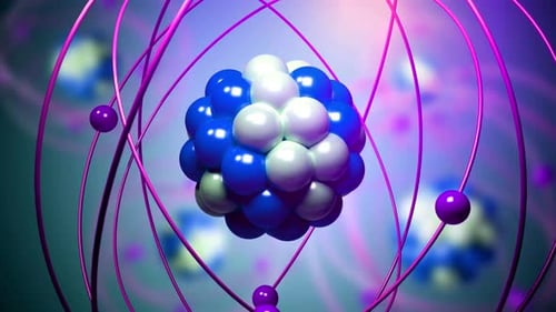 Atome dont le noyau, les neutrons, les protons et les électrons brillent. Structure atomique