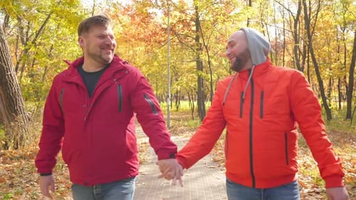 Men Walk Hand-in-Hand Through Autumn Park