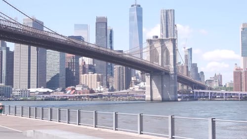 Brooklyn Bridge Dumbo Waterfront New York City Manhattan Downtown Skyline World Trade Center