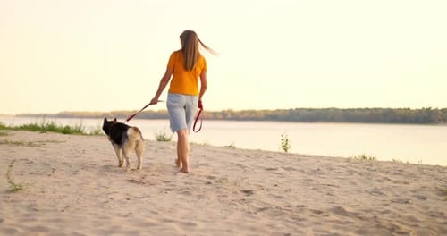 Young Woman Enjoying Evening Walk with Her Pet Dog on the Beach in Summer