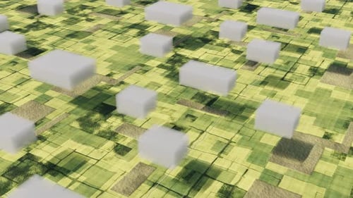 Parallelepiped-Wolken schweben über grünen Feldern und können sich endlos schleifen