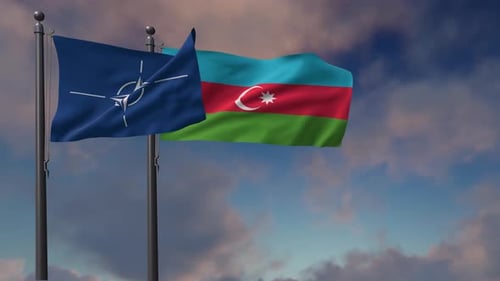 Realistic NATO and Azerbaijan Flags Waving in Sky