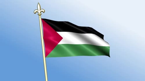 Realistic Palestinian Flag Waving on Gold Flagpole Against Blue Sky