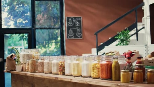 Pasta and Sauces in Reusable Glass Jars on Store Shelves