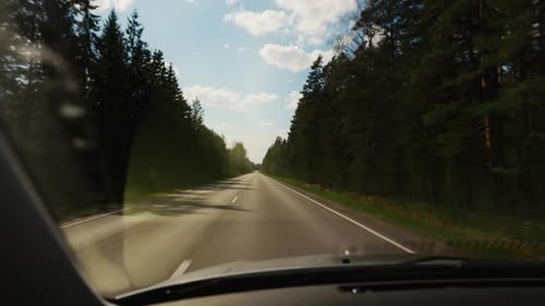 A Vehicle Drives on an Asphalt Road Flanked By Trees Under a Cloudy Sky