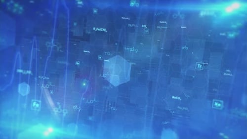Futuristic Science Data Animation with Chemical Formulas and Graph