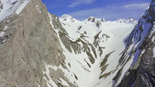 Aerial View Looking Down Into a Snowy Mountain Valley Within the Rugged Peaks of the Himalayas