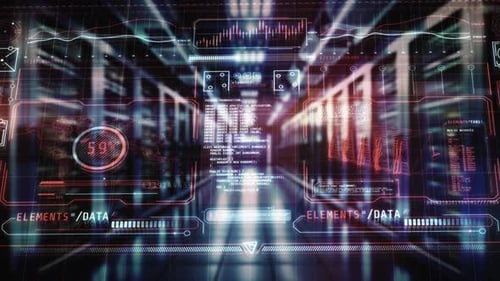 Interfaz futurista que muestra datos globales y actividad en la sala de servidores